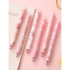 6pcs Peach Plastic Print Ballpoint Pen Multicolor